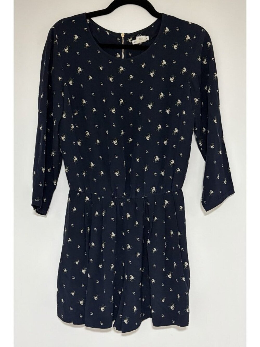 Club Monaco Womens Silk Floral Print Long Sleeve Zip Up Romper Navy Size 0